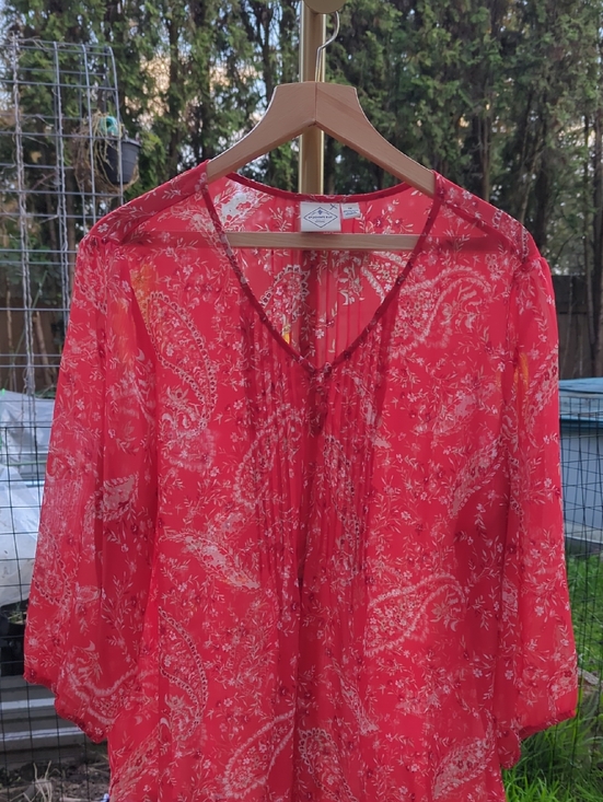 St. John's Bay Tops - St. John's Bay Red Paisley Sheer Tie-Neck Blouse 1X PTP 26